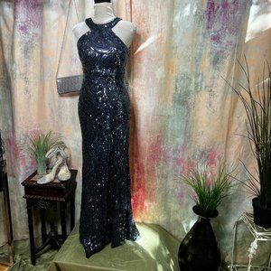 📌Morgan & Co. Eyecatcher Blue Sequin Halter Neckline Prom - Ball - Party Gown